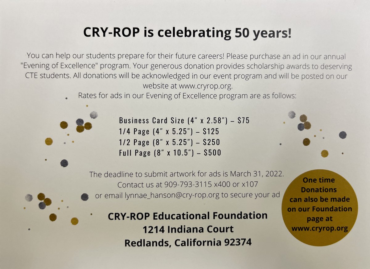 #CRYROP Purchase an ad in our annual Evening of Exellence program &amp; help students in their future careers. More info ow.ly/EOrV30seG11. <a href="/ColtonJUSD/">Colton Joint Unified</a> <a href="/RedlandsUSD/">Redlands USD</a> <a href="/YCJUSTWEETS/">Yucaipa-Calimesa Joint Unified School District</a> <a href="/IEEP_/">IE Economic Partnership</a> <a href="/_IECA_/">Inland Empire Chamber Alliance</a> @_IERCC <a href="/ToyotaRedlands/">Toyota of Redlands</a> <a href="/ArrowheadRMC/">ARMC</a> <a href="/CityofColton/">CityofColtonCA</a> <a href="/CityofRedlands/">City of Redlands</a> <a href="/CityofYucaipa/">City of Yucaipa</a>