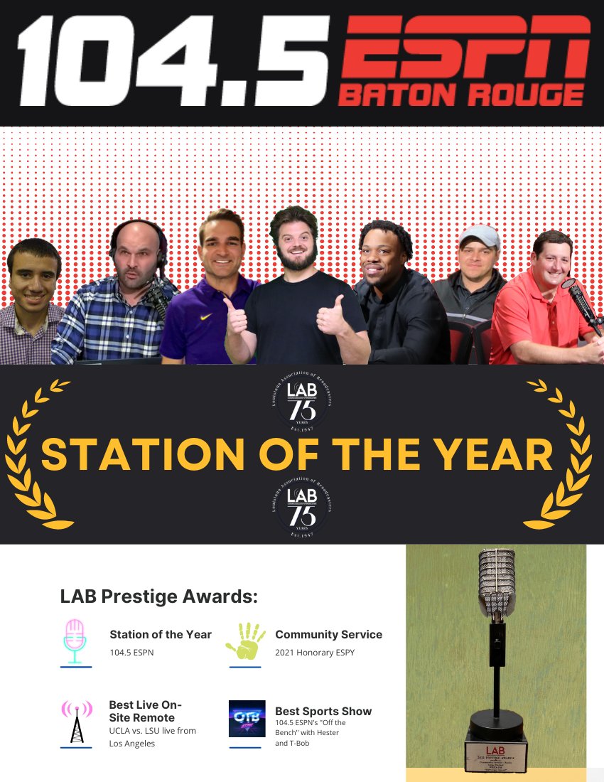 🏆🏆104.5 ESPN is the BEST RADIO STATION IN ALL OF LOUISIANA for 2021! 🏆🏆

We are incredibly proud to be recognized by the Louisiana Association of Broadcasters as one of the best in our industry.