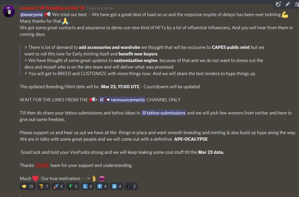 📢 Sorry guys we are coming back strong on 

Mar 23, 17:00 UTC - 

Custom NFT and Breeding is Hard but we go by our words and commitment and the experience will be 1 in a million for sure. 🐵❤️🚀
#NFT #CUSTOMNFT #CAPES #TATTOONFT