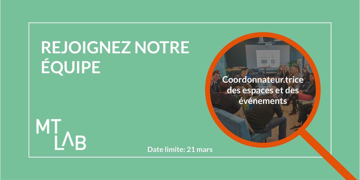 Rejoignez notre équipe ⚡️
Nous sommes à la recherche d'un.e Coordonnateur.trice des espaces et des événements du coworking pour relever de nouveaux défis! Date limite pour postuler: 21 mars.
Vous êtes intéressé? Postulez par ici ➡️ mtlab.ca/recrutement/
