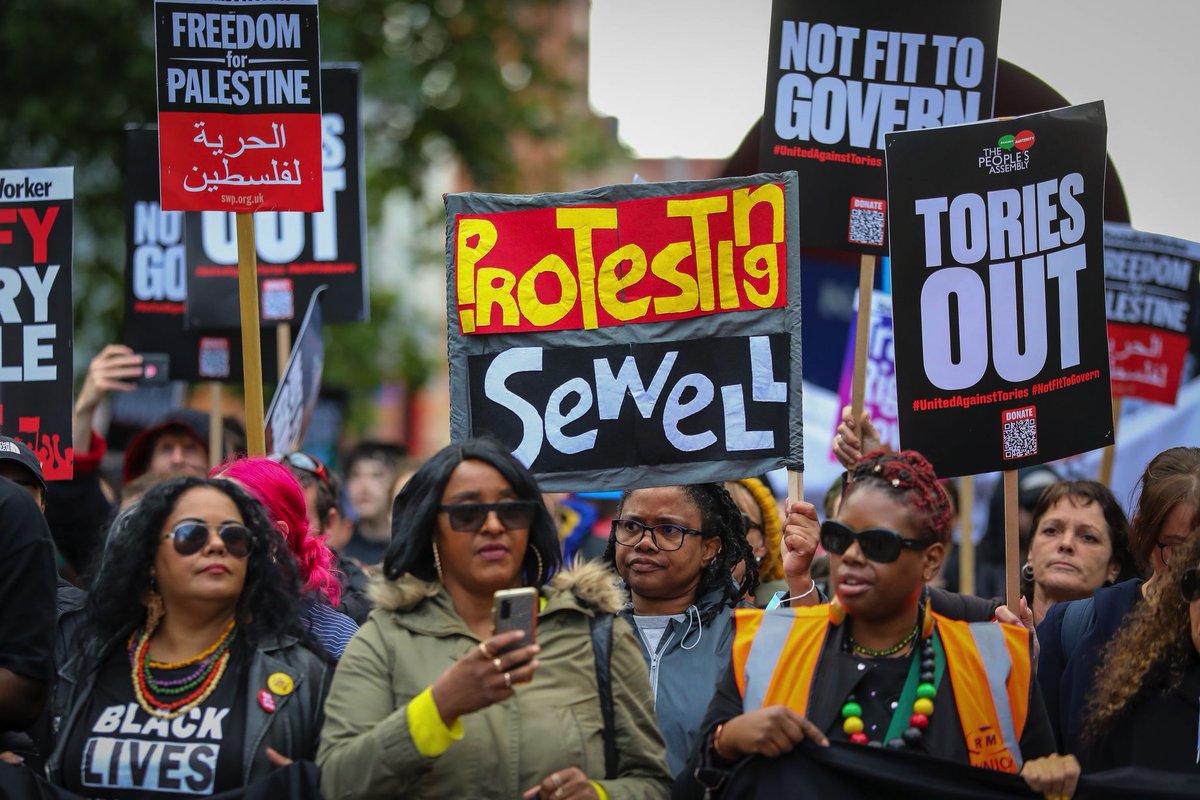 patwaprofessa's tweet photo. this is the #ProtestingSewell banner
(these pics from protesting in St Peters Sq outside Tory conference last Sept) 

back again in St Peters Sq today for #ChildQ 

come take a photo
#DocumentingBlackHistory
@KidsOfColourHQ @NExclusions 
#NoPoliceInSchools  @npolicemonitor #BLM https://t.co/xMslcrikqH