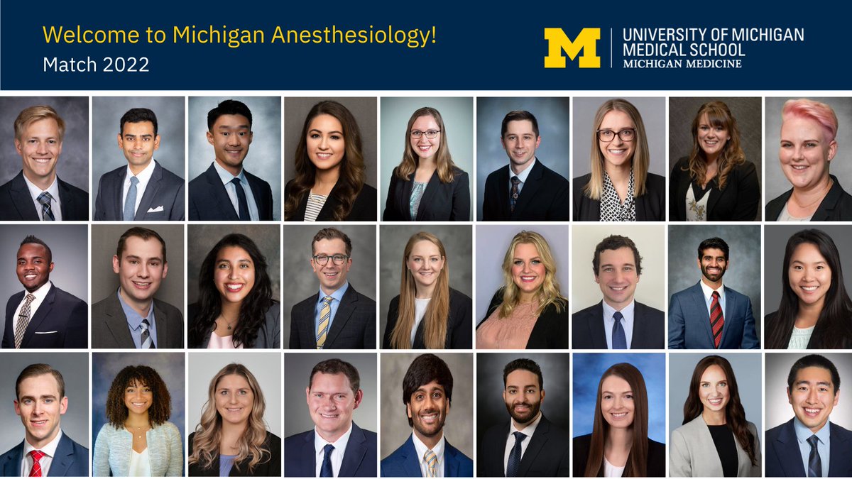 UMichAnesthesia's tweet image. 👏👏 Please join us in welcoming our 27 newly matched residents to Michigan Anesthesiology. We cannot wait to welcome them to @UMichMedicine in a few short weeks! 🎉🎉

Meet Our Matches: bit.ly/34RA84P

#UMichAnesMatch #Match2022 #GoBlueMatch