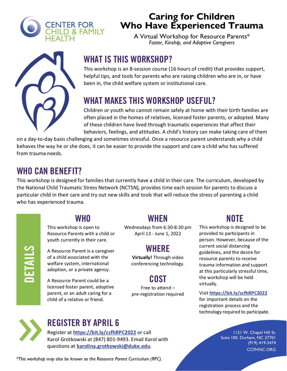 The amazing <a href="/ccfhnc/">Center for Child & Family Health</a> is hosting an 8-week trauma workshop for foster, adoptive, and kinship caregivers on Weds evenings beginning April 13. Participants will get certificates, which count toward training hours. See below for more info and how to register!