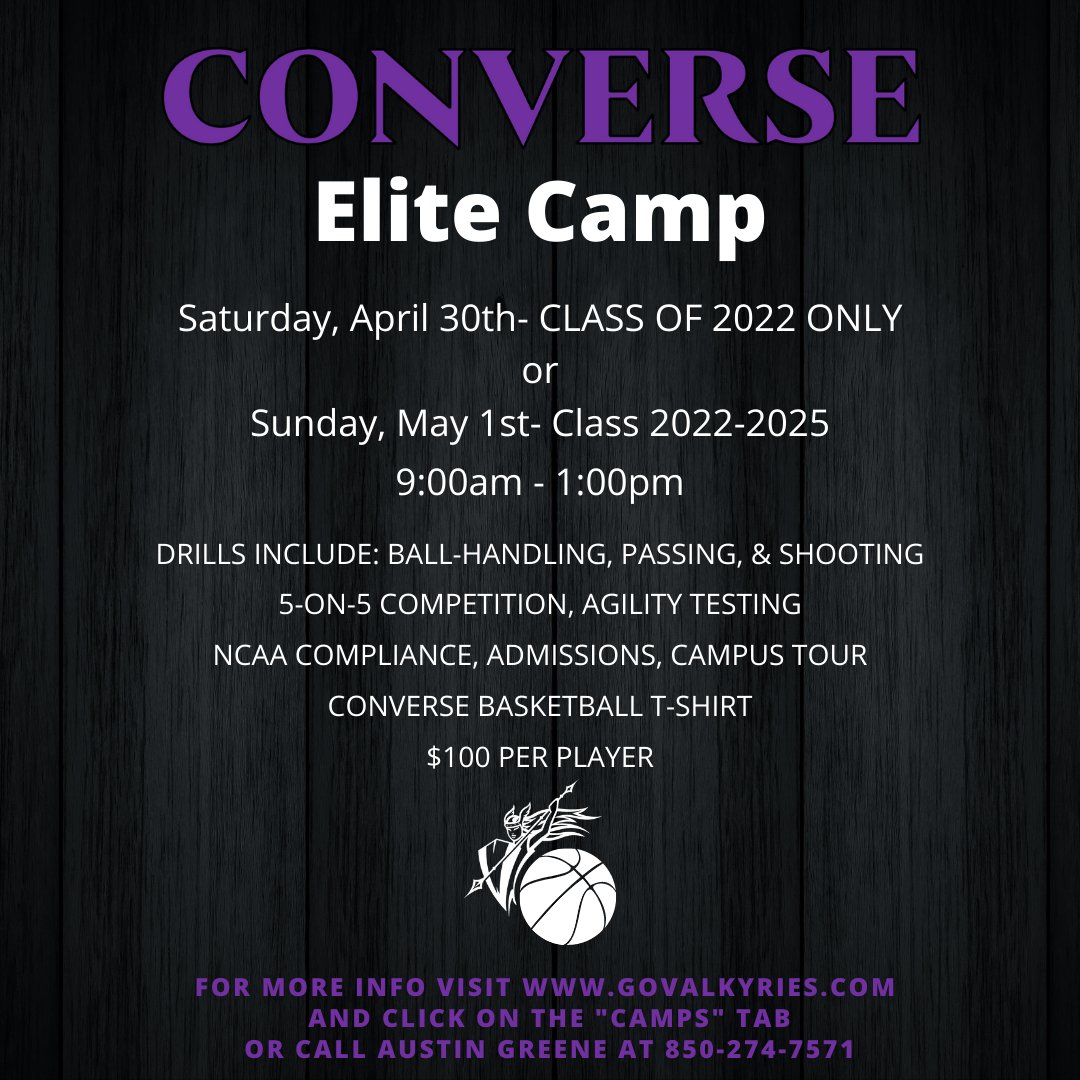 Registration is now open for our MBB Elite Camps. 
2 options for camp:
-Sat, April 30th (Class of 2022 ONLY)
-Sun, May 1st (Classes 2022-2025)

Registration Link: converse.formstack.com/forms/athletic…

Contact <a href="/CoachGreene22/">Austin Greene</a> or <a href="/Natewilliams25/">Nate Williams</a> for more information.