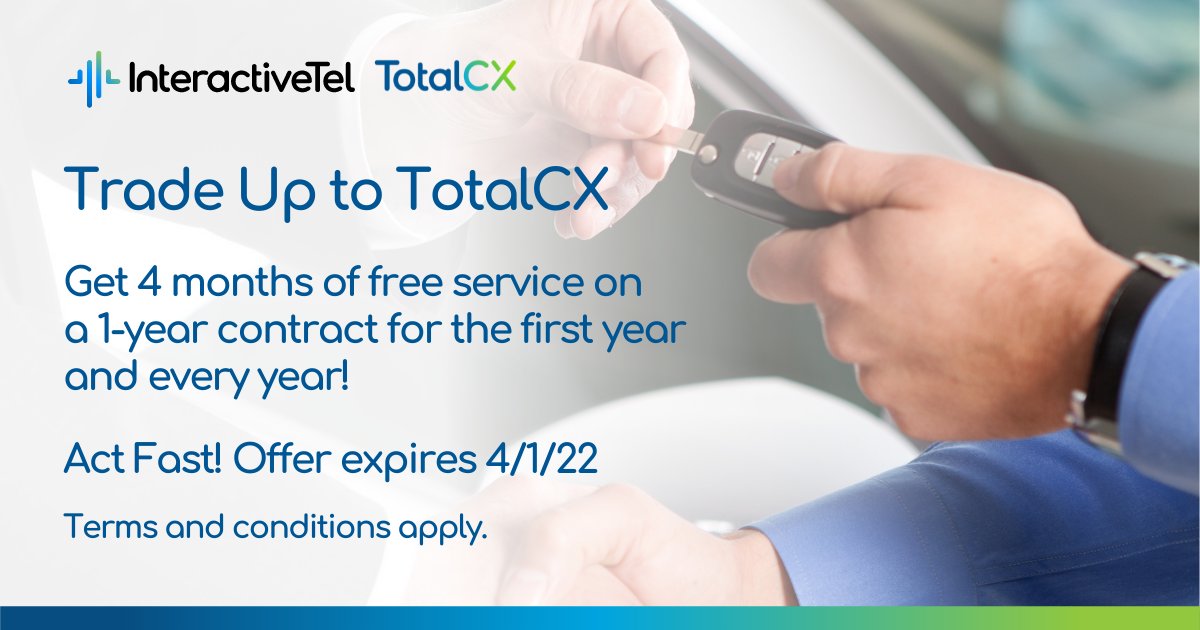 InteractiveTel's tweet image. Our new TotalCX solution was a hit at NADA 2022!

interactivetel.com/totalcx/

Trade up from a competitive system before April 1 to get 4 months of free service on an annual contract. Terms and conditions apply.
