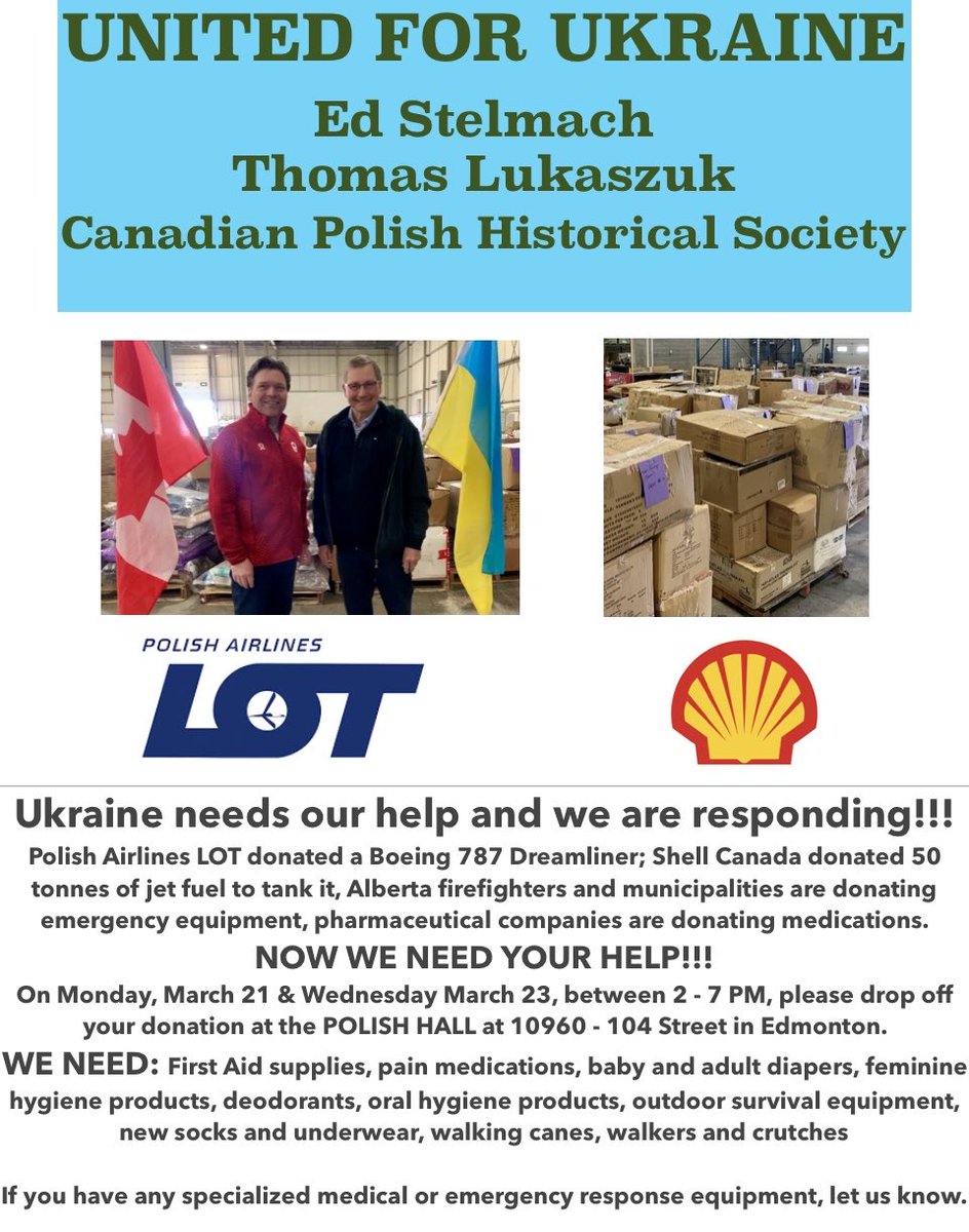 LukaszukAB's tweet image. FRIENDS, I need your HELP!!! 
Ed Stelmach and I could not sit and watch Ukrainians suffer. With amazing corporate support, we’re shipping humanitarian aid, medical &amp;amp; firefighting equipment. Now we need your donations of goods. Please contribute and retweet.
#yeg #abpoli #Ukraine