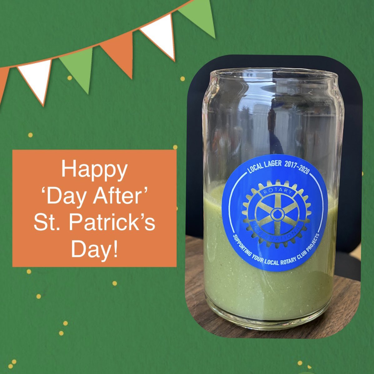 PtboRotary's tweet photo. Happy ‘Day After’ St. Patrick’s Day - AKA The day we replace green beer with a green smoothie in our Rotary beer glass! 😆 🍻☘️
#Cheers #DayAfterStPatricksDay #RotaryBeerGlass #Smoothie https://t.co/Iy6fTLSaJf
