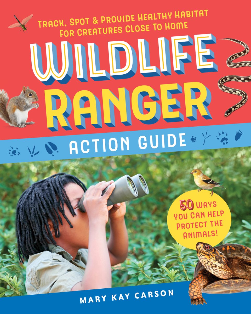 Book cover photo shows a kid outside looking through binoculars. There are photos of animals and drawings of animal tracks around the title.