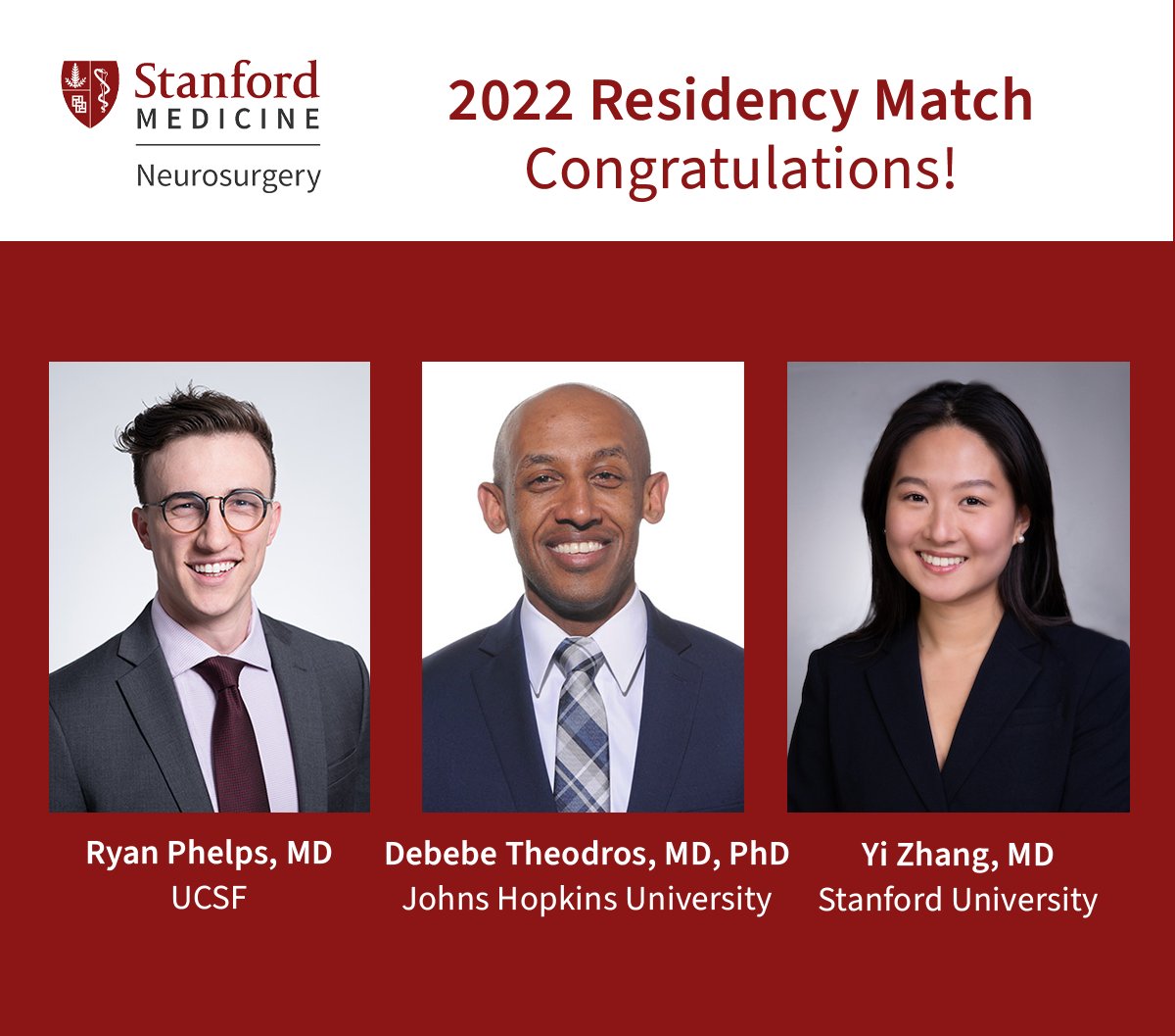 Congratulations to Drs. Ryan Phelps, Debebe Theodros, and Yi Zhang, our outstanding group of #Match2022 #FutureNeurosurgeons. Thrilled to welcome you to the Stanford Neurosurgery family! #MatchDay @ryan_rl_phelps @DTheodros