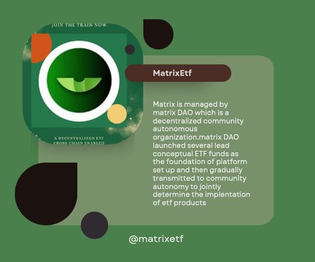 #MatrixETF is a project that aims to create an open-source, decentralized #ETFs platform for #DAOs development and management.
The main functions of the platform are: token issuance, asset trading &amp; investment

Check out <a href="/MatrixETF/">MatrixETF</a> for more information #solana #ETH #crypto #Defi