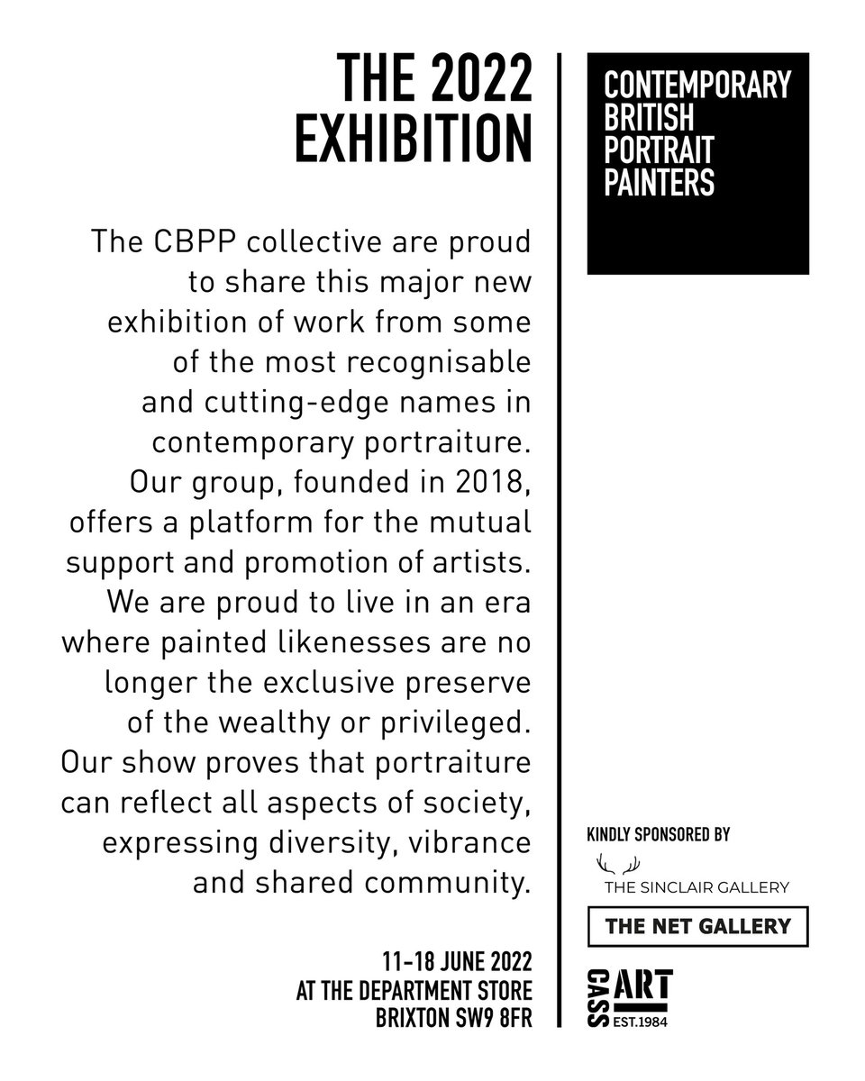 I’m very pleased to be showing some work in this major new Contemporary British Portrait Painters exhibition in June at the Department in Brixton. #cbpp2022