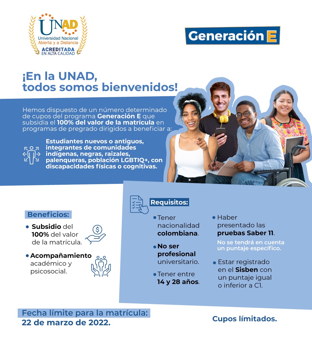¡En la UNAD somos inclusión, somos región y somos país! 🤓
Si perteneces a comunidades indígenas, negras, raizales, palenqueras, población LGBTIQ+ o con discapacidades sensoriales, físicas o cognitivas y quieres cumplir tus sueños profesionales ¡Llegó el momento! 🤩🎓