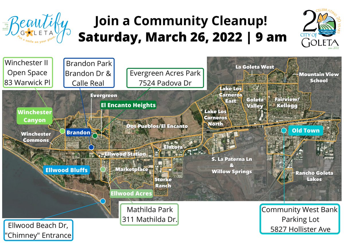 CityOfGoleta's tweet photo. #CityofGoleta’s first ever city-wide #BeautifyGoleta Community Cleanup is almost here! Join Neighborhood Captains and other volunteers on March 26 from 9-11am to help keep Goleta looking good all year long. More info: https://t.co/OjBJoJHFki https://t.co/VFNlzWie5K