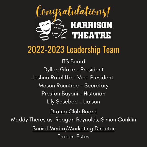 Hoya Theatre (@hoyatheatre) on Twitter photo Congratulations to The Harrison Theatre Leadership Team for 2022-2023! I can’t wait to work with all of you!! Mrs. Lindsay @hoyaprincipal <a href="/CobbPerforms/">Sara Womack</a> Congratulations to The Harrison Theatre Leadership Team for 2022-2023! I can’t wait to work with all of you!! Mrs. Lindsay @hoyaprincipal <a href="/CobbPerforms/">Sara Womack</a>