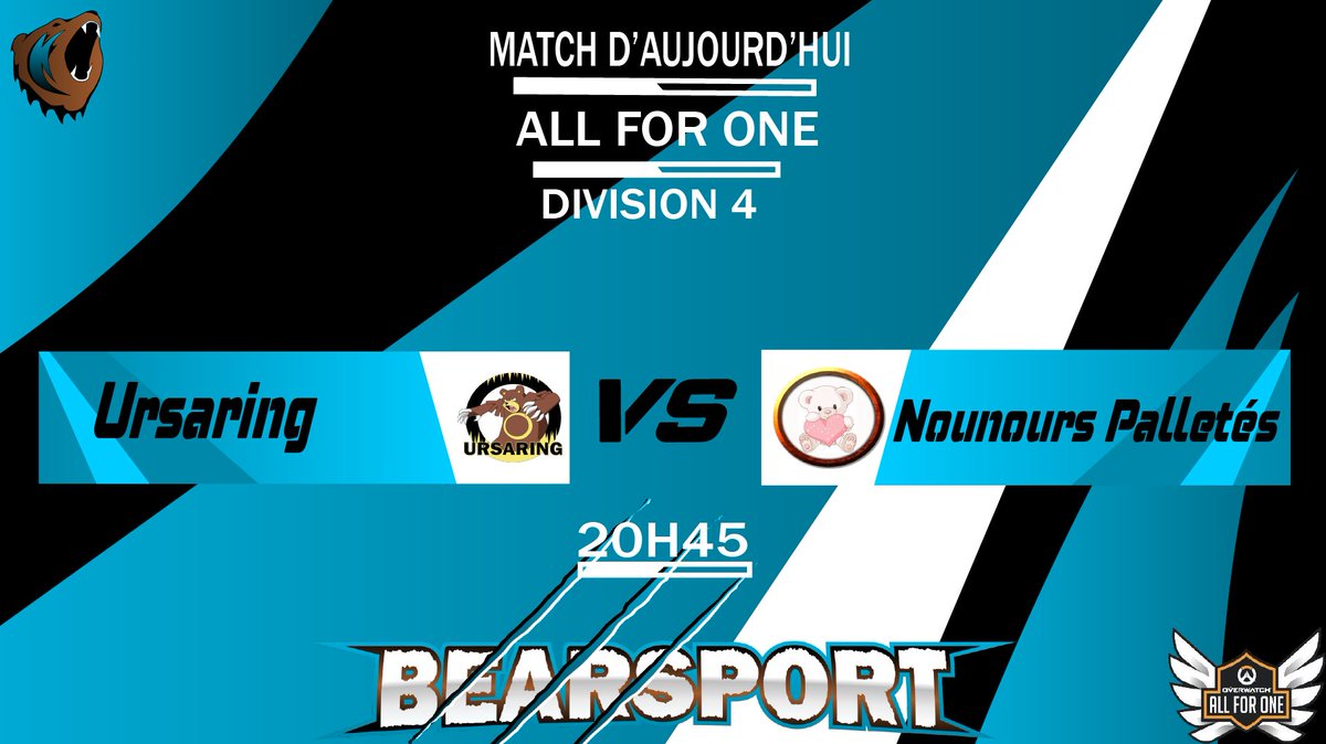Ce soir les Ursaring 🐻 joueront contre les Nounours Palletés🐻‍❄️à 20h45 !!!

<a href="/PlayAllForOneFR/">Overwatch AllForOne France</a>  #Bearsforce #Overwatch
