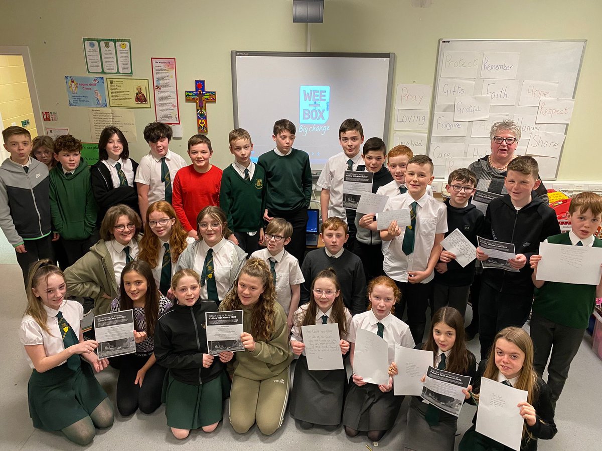 StPatsKilsyth's tweet photo. A big thank you to Mrs. McGrath for coming and talking to our P6-7s today as part of @SCIAF  #dayofprayer The children are pictured with their own prayers that they wrote during the sessions. https://t.co/VgVrZxCPB5