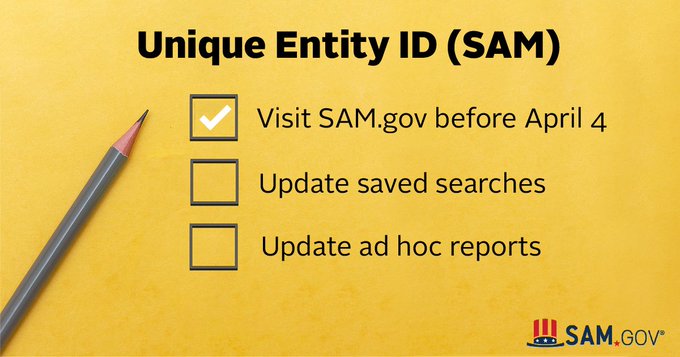 📣 Deadline approaching! If you do business with the government, including any individual, company, or institution, you need a Unique Entity ID (SAM) for the government to uniquely identify you by APRIL 4.  

Learn more: go.usa.gov/xzEbd