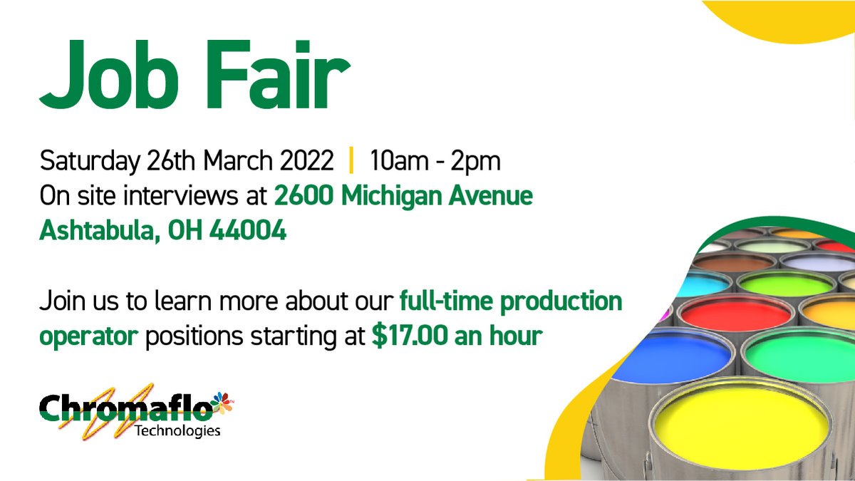 Are you looking for a new career opportunity? 

We have full-time Production Operator positions available at our #Ashtabula branch, starting from $17.00 per hour. 

Want to learn more? Come and join us at our job fair on Saturday March 26th between 10am – 2pm.