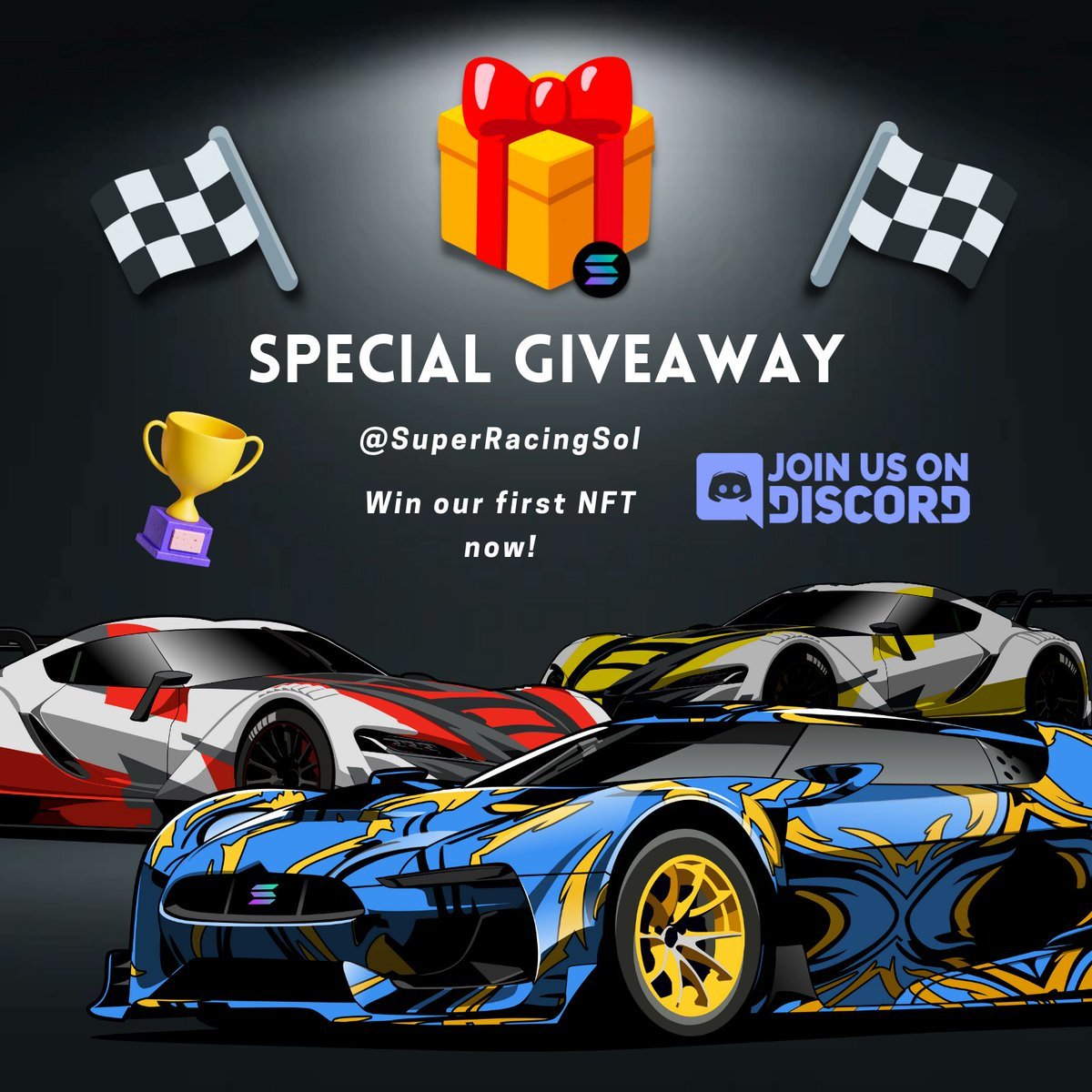 🎉NFT GIVEAWAY with <a href="/SuperRacingSol/">⭐️ Super Racing Sol | Q2 2022 - Metaverse P2E NFTs</a> 🎉

Prize: 
🏆 1 NFT

To Enter: 
1⃣Follow <a href="/SuperRacingSol/">⭐️ Super Racing Sol | Q2 2022 - Metaverse P2E NFTs</a> &amp; @SolarSpeedsters
2⃣RT + Like
3️⃣Tag 3 Friends

🥳Winners picked in 24 hours! 
#Solana #NFTs #NFTGiveaway #solGiveaway #SolanaGiveaway #SolanaNFTs #GiveawayNFT