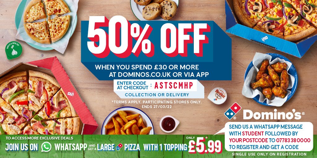 aston_union's tweet photo. Enjoy a massive 50% OFF your order when you spend £30 or more from @Dominos_Bham!
Order your favourite pizzas, sides and desserts now at https://t.co/SvubqrTEXR and simply use code ASTSCMHP at checkout 🍕
*Terms apply.
#Dominos #AstonStudents #Birmingham https://t.co/XL77sQ5iFu