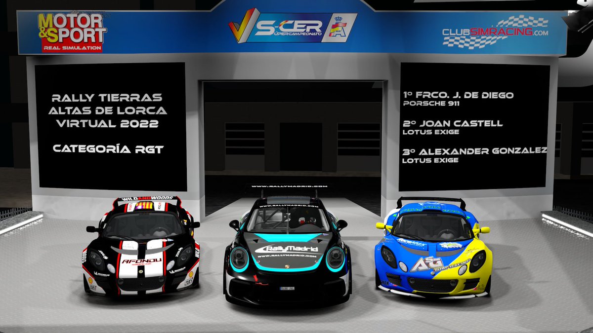 PODIO DE LOS GANADORES DEL RALLY TIERRAS ALTAS DE LORCA VIRTUAL - SCER VIRTUAL - CATEGORIA RGT - <a href="/club_simracing/">Club Simracing</a> 
1º <a href="/Javier_ddf/">Javier de Diego</a> 
2º Joan Castell
3º Alexander González