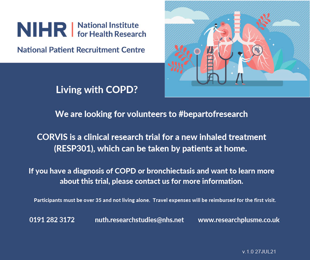 ResearchPlusMe's tweet photo. We are recruiting to a new #clinicalresearch study called CORVIS, for people living with #COPD or #bronchiectasis. We are investigating whether RESP301, the study drug, can be used by patients to manage flare-ups at home. Please call or email us for more details. https://t.co/RD0VcixabG
