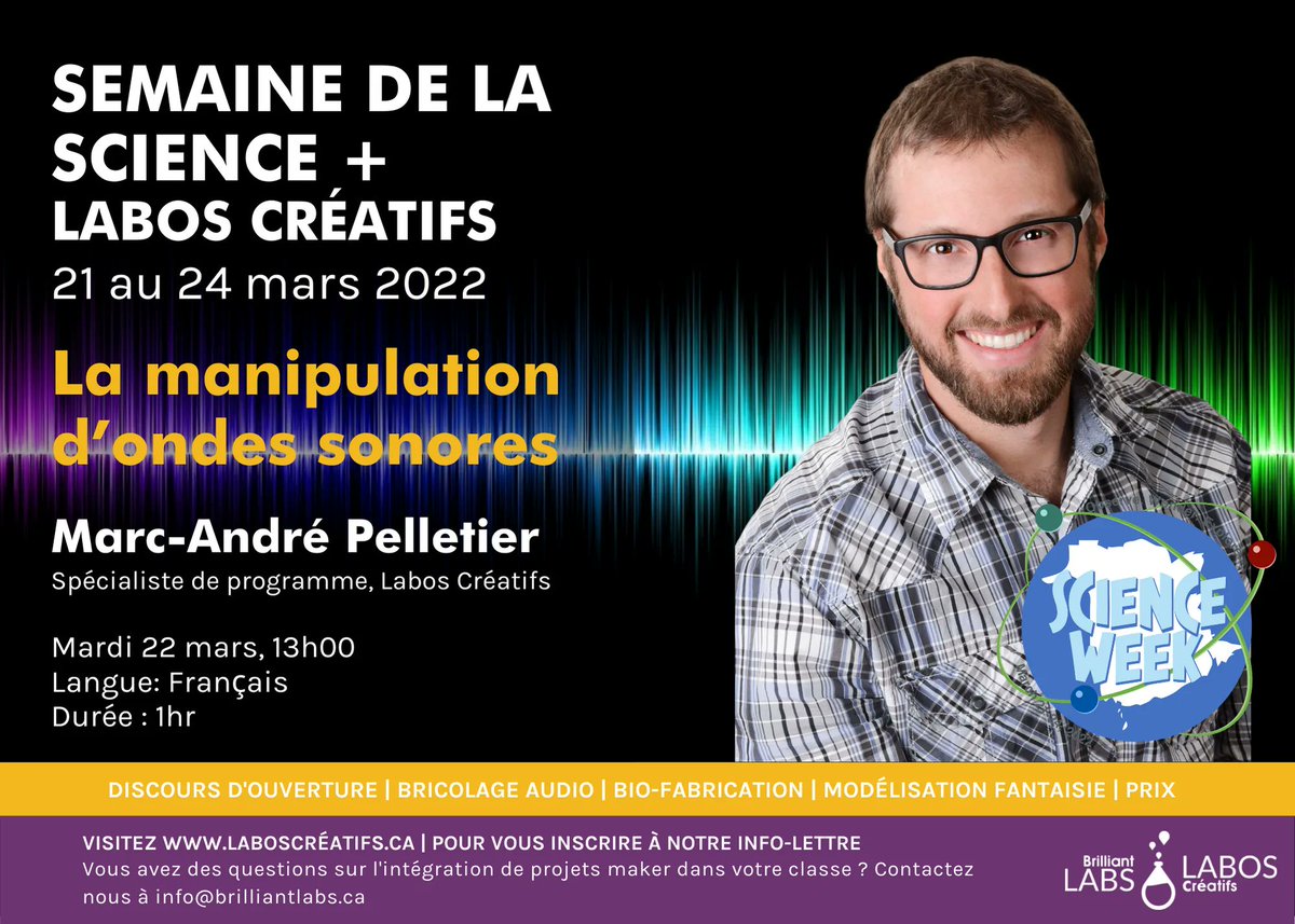Nous allons, lors de cet atelier, apprendre à manipuler les sons avec l’aide des technologies, afin d’en créer de nouveau!
Inscrivez-vous ou recevez plus de détails ici  buff.ly/3KUSwZW

#NBScienceWeek
<a href="/ASDS_Science/">ASD-S Science</a> @AnglophoneEast <a href="/stemnorth/">STEM North</a>