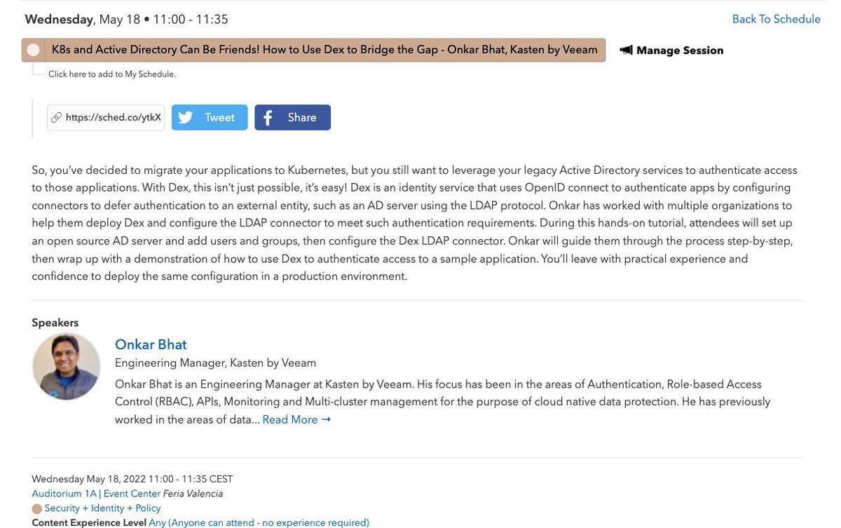 My proposal for #KubeCon EU 2022 got accepted ! 🤯🎉 . My session is a tutorial about setting up an #OpenLDAP service and #Dex to authenticate access to an application in a #Kubernetes clusters. 
sched.co/ytkX