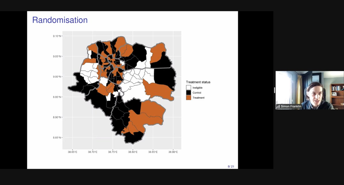 Second, <a href="/SimondFranklin/">Simon Franklin</a> looks at equilibrium effects of a public works programme in Addis Ababa, finding that the overall welfare gain of exposure to the programme is larger when spillovers through a commuting channel are accounted for.  

#OxCSAE2022 <a href="/Oxford_CSAE/">CSAE</a>