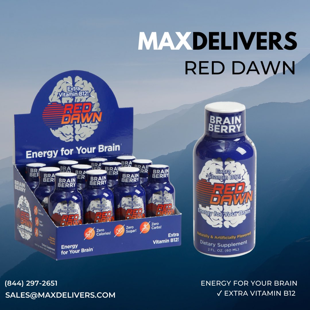 MaxDistributing's tweet image. RED DAWN - Energy for your brain! 🧠 

✔️ Loaded with neuro-enhancing compounds 
✔️ Clarifying &amp;amp; energizing 
✔️ Extra Vitamin B12

For product and ordering details connect here:
Sales@maxdelivers.com
(844) 297-2651