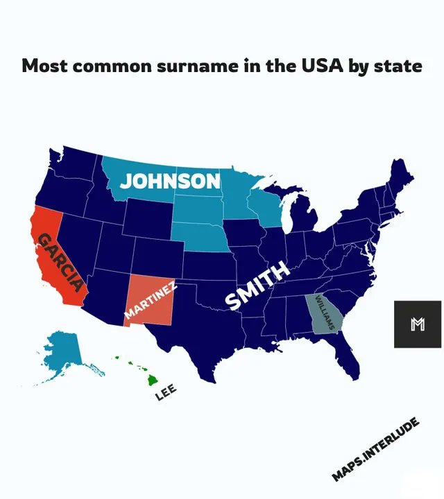 simongerman600's tweet photo. Map shows the most common surnames across the United States. Source: https://t.co/RJMlkLKehm https://t.co/XVDneKO75m