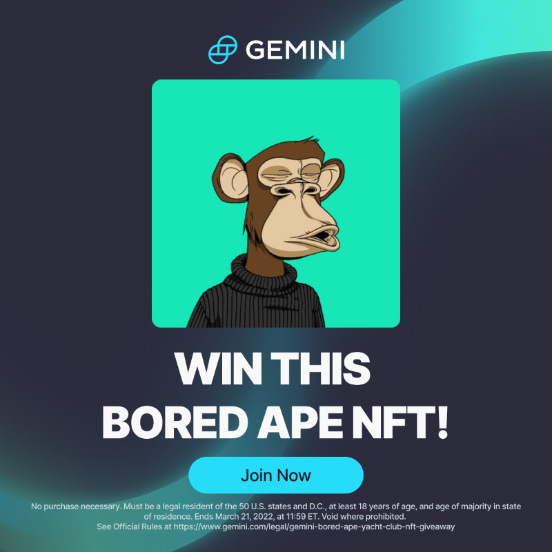 Gemini's tweet photo. Enter to Win a Bored Ape NFT 🦧