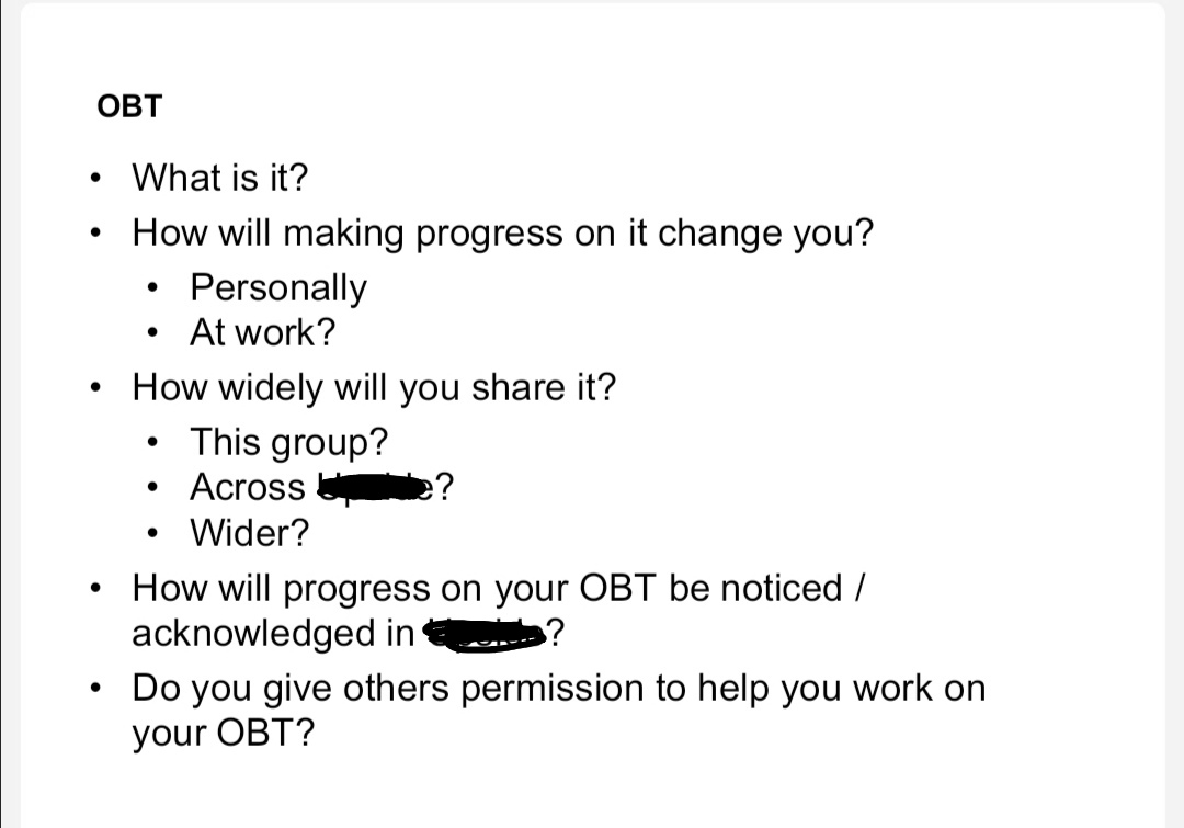 <a href="/RyanHVaughn/">Ryan Vaughn</a> Kicked off a Cohort with a business this morning.

The CEO authentically shared their OBT with a cross section of the whole business, then took questions on it, finally asked/gave Cohort permission to directly feedback on how his progression. 

Everyone else did the same. 

💪