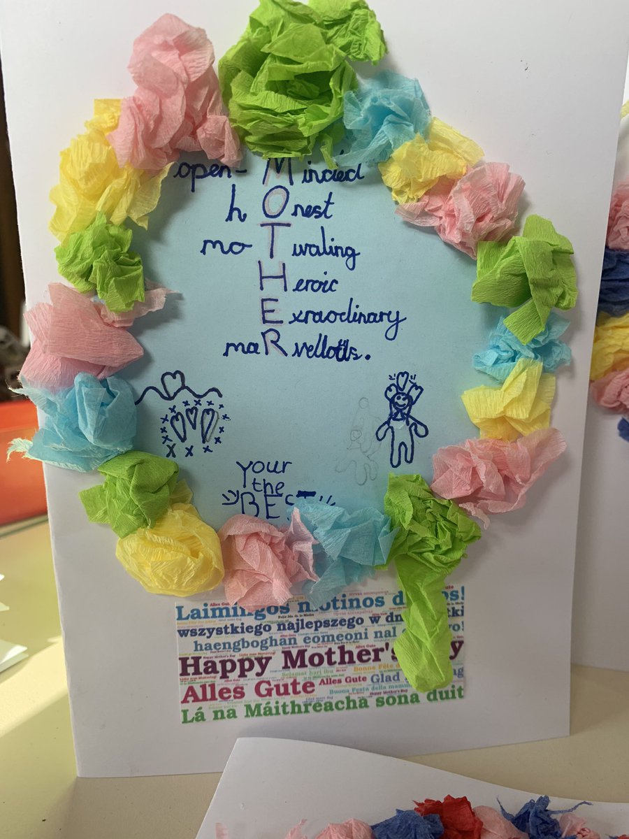 Today I made Mother’s Day cards with the year 4 children. They made acrostic poems about their mums and decorated them with tissue paper. 

I created a ‘happy mother’s day’ wordle of different languages to link with my EAL training #MothersDay #teachertrainee #trainee #scitt
