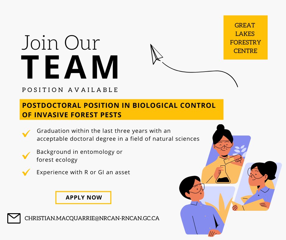 GLFC Science (@glfc_cfs) on Twitter photo Come work with us! We are recruiting a postdoctoral researcher to work on biological control of invasive forest pest insects in Canada. For details & how to apply visit: tinyurl.com/4wkc3f24
<a href="/NRCan/">Natural Resources</a> #NRCan #invasivespecies Come work with us! We are recruiting a postdoctoral researcher to work on biological control of invasive forest pest insects in Canada. For details & how to apply visit: tinyurl.com/4wkc3f24
<a href="/NRCan/">Natural Resources</a> #NRCan #invasivespecies