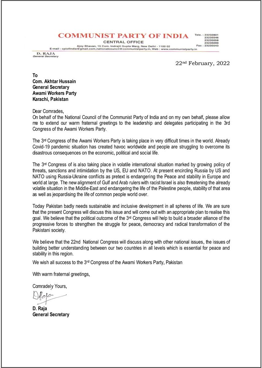 HRKhoja's tweet photo. Fraternal greeting and solidarity message from @cpofindia to @AwamiWorkers on #AWPThirdCongress https://t.co/UEAEppKjyN