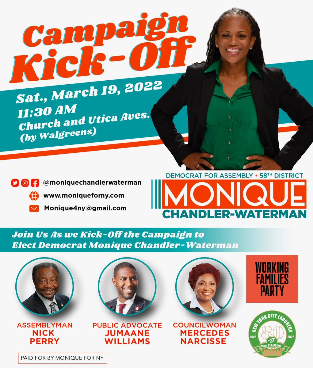 MoniqueForNY's tweet photo. Join us tomorrow rain or shine! NYS Assembly Candidate D58 Monique Chandler-Waterman Campaign Kick-Off. I am proud to have the endorsement of my mentor @NNickPerry to replace him in NYS Assembly as he leaves to become the US Ambassador to Jamaica. 
RSVP at https://t.co/jVV7nWsyqM https://t.co/hxUKd8yH89