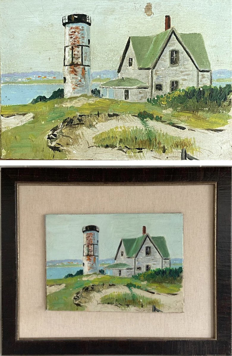 Before and after filling, inpainting and adding a custom frame to an early Anne Packard painting. #capecodpictureframing