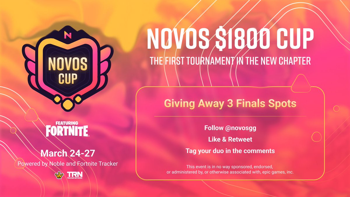 Introducing the $1800 <a href="/NOVOSGG/">NOVOS.gg</a> Duo Cup

The FIRST Tournament in the NEW Season

March 24-27, 25 Pro invites available

Giving away 3 FINALS spots:

How to enter giveaway: 
1. Follow  <a href="/NOVOSGG/">NOVOS.gg</a>
2. Like &amp; Retweet
3. Tag your duo in the comments

Link to register below this tweet!