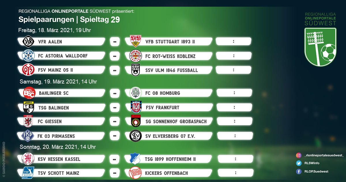 RLSWInfo's tweet photo. +++Der 29. Spieltag beginnt demnächst+++

Wie lauten eure Tipps?

#rlsw #regionalliga #regionalligasüdwest #spieltag29 https://t.co/fN1nWCHycc