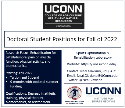 Neal Glaviano (@nealglaviano) on Twitter photo Currently looking for PhD students, starting in the fall of 2022. I am looking for students interested in interventions for treating patellofemoral pain. Come be a part of <a href="/uconn_soar/">UConn SOAR</a> and <a href="/UConn_ISM/">UConn Institute for Sports Medicine</a>.
Retweets are appreciated! Currently looking for PhD students, starting in the fall of 2022. I am looking for students interested in interventions for treating patellofemoral pain. Come be a part of <a href="/uconn_soar/">UConn SOAR</a> and <a href="/UConn_ISM/">UConn Institute for Sports Medicine</a>.
Retweets are appreciated!