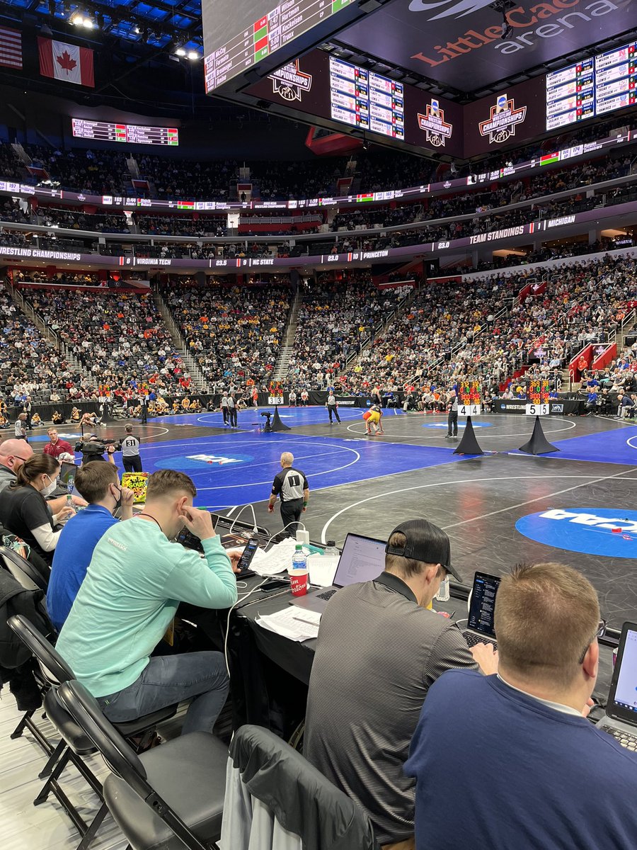 Chris_InDetroit's tweet photo. Behind the scenes at the @NCAA Wrestling National Championships. The energy is electric on day two at @LCArena_Detroit  in beautiful #Detroit, MI. Great to be a part of the @visitdetroit and @detsports team hosting the event. #visitdetroit #NCAAWrestling #welcometoDetroit https://t.co/mx7xdcFQb6