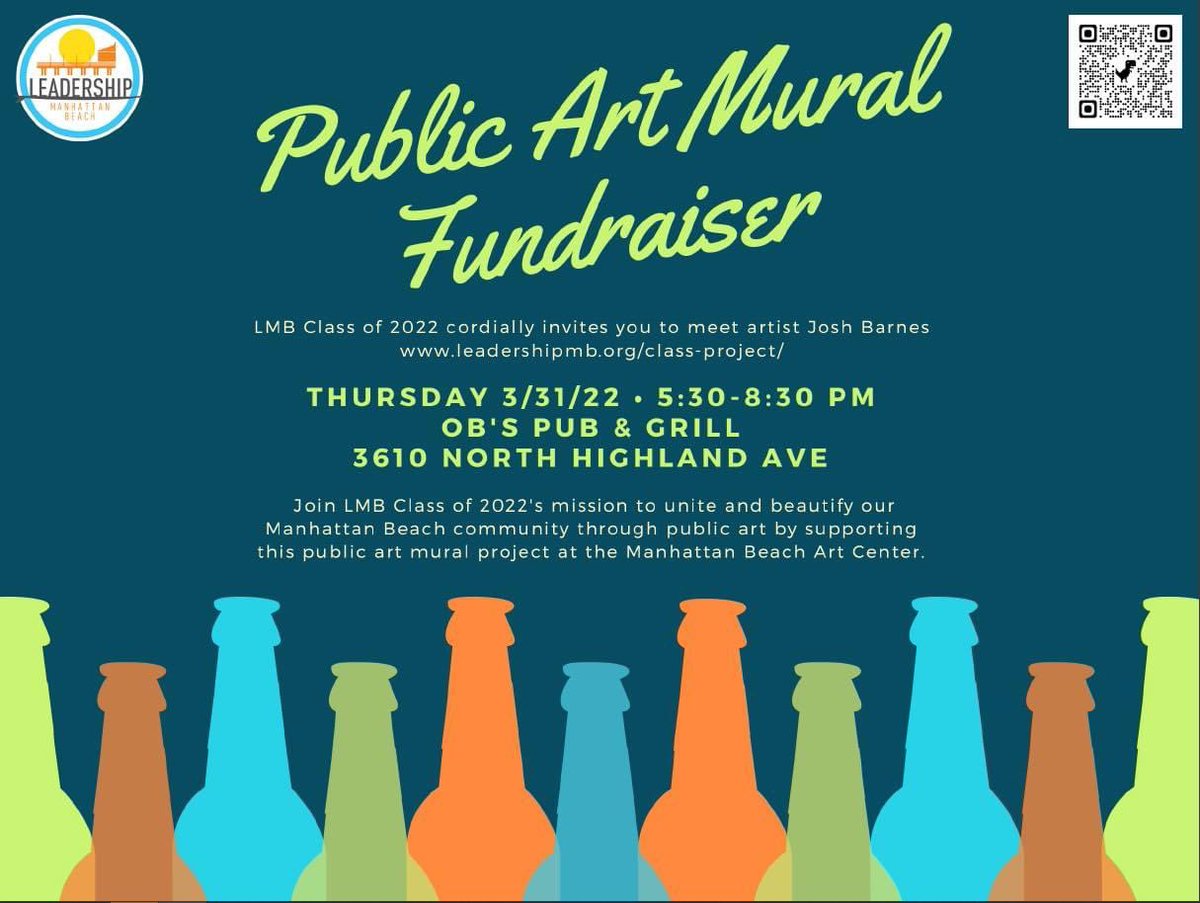 leadershipmb's tweet photo. Support the class. Join us at OB's Pub and Grill on Thursday 3/31/2022 for our Public Art Mural Fundraiser!! You will meet artist Josh Barnes @love_and_loyalty who has designed and will help community create an amazing mural at the #MBarts center. @mbparksandrec #manhattanbeach https://t.co/VkId7RgZv1