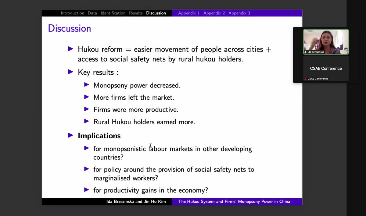Next! <a href="/ida_brzezinska/">Ida Brzezinska</a> examines the effects on firms and earnings of a reform to China's Hukou system. By comparing firms in cities that did / did not adopt the reform, they find a negative impact on monopsony power and a positive effect on productivity. 

#OxCSAE2022 <a href="/Oxford_CSAE/">CSAE</a>