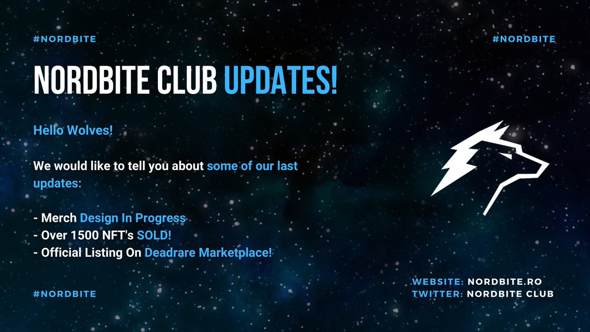 nordbite's tweet photo. Nordbite Club Updates!

Hello wolves!🐺

Here are the updates of this week:

- Merch Design In Progress
- Over 1500 NFT's Sold!
- Official Listing On Deadrare Marketplace

Also, mint is still live: https://t.co/GYmpPiDmmh

#nordbite #ElrondNetwork #NFT https://t.co/Lgu4LyDwYD