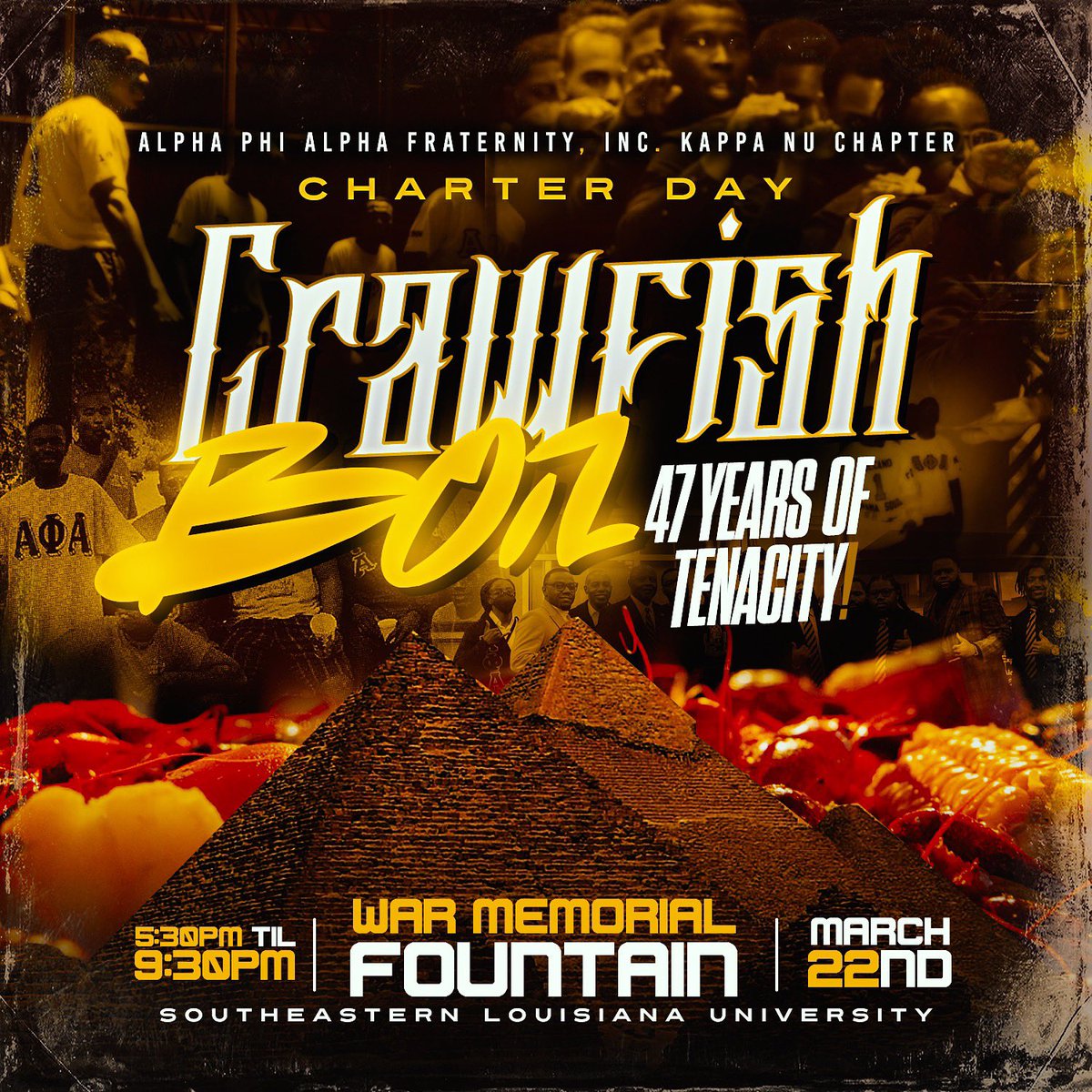 KAPPA NU CHARTER DAY CELEBRATION: Crawfish Boil
Tuesday, March 22, 2022 | 5:30 PM 
War Memorial Fountain