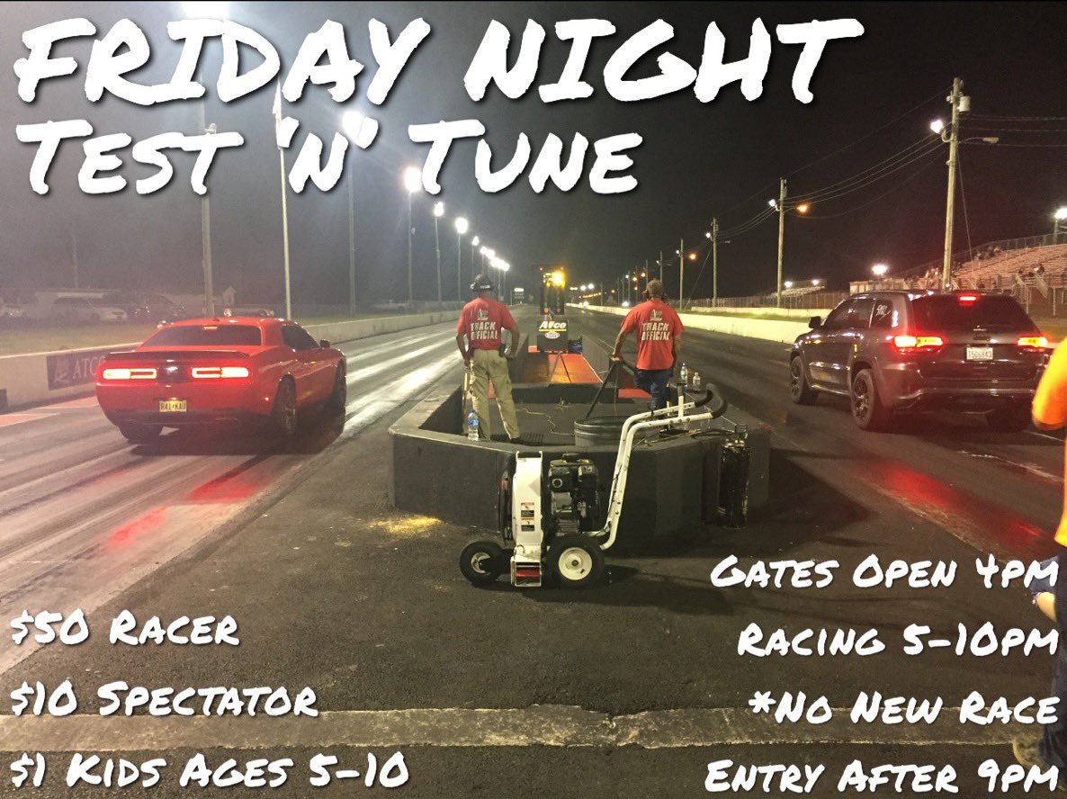 TheAtcoDragway's tweet photo. Gates open tonight, Fri. March 18, at 4pm for #FridayNight #TestNTune! $50 Racer, $10 Spectator & $1 Kids Ages 5-10! Racing 5-10pm (*No new race entry after 1pm)! https://t.co/uOmVUO9DU6