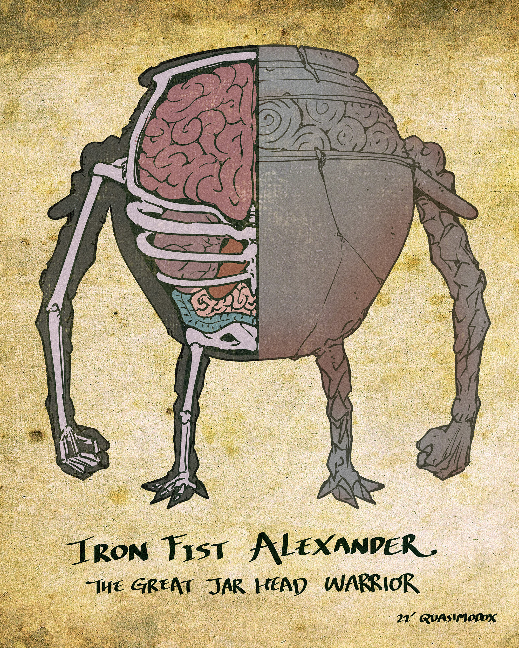 a drawing of jar head alexander from elden ring, showing his anatomy and organs.