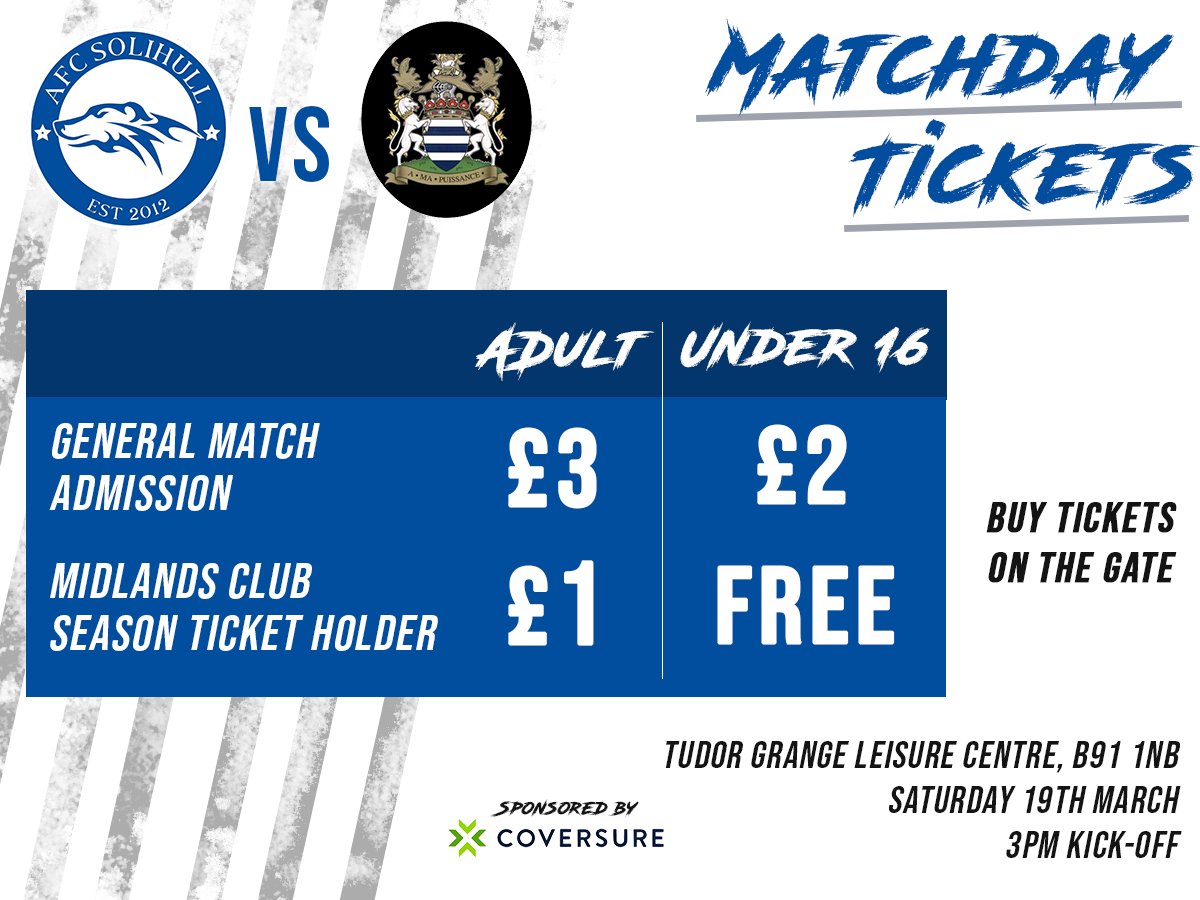 🎟 𝗠𝗮𝘁𝗰𝗵𝗱𝗮𝘆 𝗧𝗶𝗰𝗸𝗲𝘁 𝗗𝗲𝘁𝗮𝗶𝗹𝘀 🎟

See below the Ticket Information for our home clash against <a href="/EnvilleAthletic/">Enville Athletic FC</a> 

🏆 <a href="/MidlandLeague/">Capelli Sport Midland Football League</a> 
🆚 <a href="/EnvilleAthletic/">Enville Athletic FC</a> 
⏰ 15:00PM
📍Tudor Grange Leisure Centre, Blossomfield Rd, Solihull B91 1NB
🎟 Tickets on The Gate