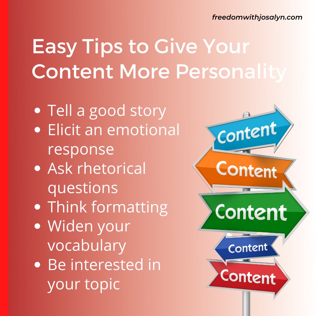 FreedomWithJos's tweet photo. Are you looking for easy tips on giving your content more personality? Don’t worry, a lot of content creators struggle with trying to give their content more life.

#content #tips #contentmarketing #brand #branding #marketing #marketingdigital #marketingtips #marketingonline https://t.co/a6dVg4pGpN